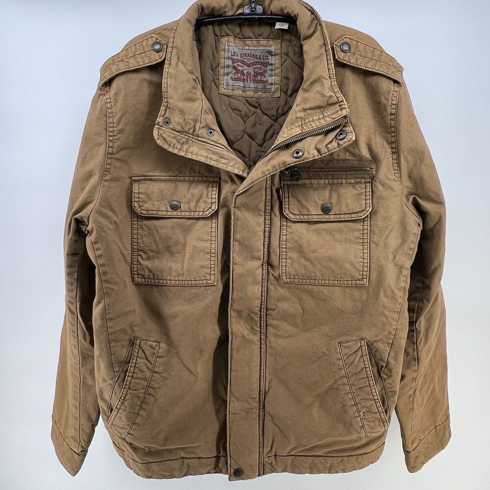 Levi's Men's Cotton Washed Trucker Jacket L Military Field Brown Quilted Lining